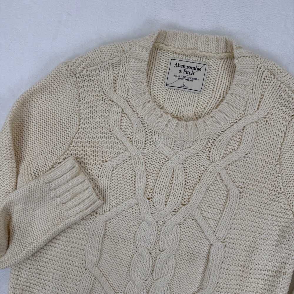 Abercrombie Fitch Cream Cable Fisherman Knit Crew Neck Sweater Women Size L - Picture 2 of 9